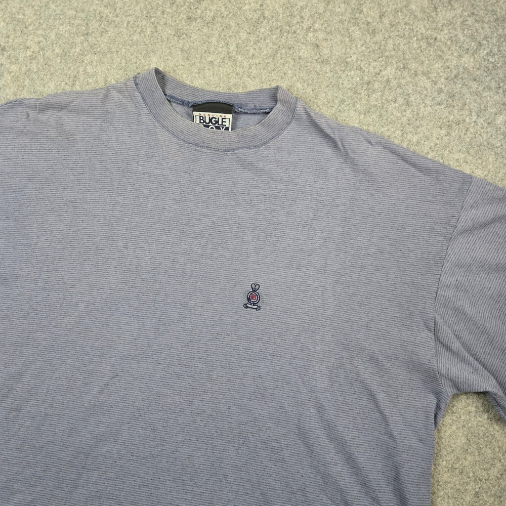 Bugle‎ Boy T Shirt Mens 2XL Blue Striped Embroidered Crest Vintage 90s Made USA